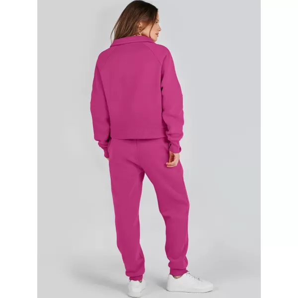 imageANRABESS Womens Two Piece Outfits Long Sleeve 2023 Fall Half Zip Sweatshirt with Jogger Pants Lounge Sets with PocketsHot Pink