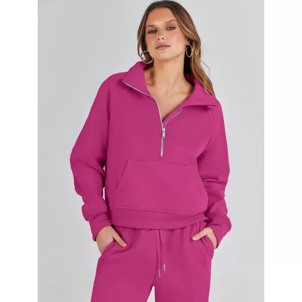 imageANRABESS Womens Two Piece Outfits Long Sleeve 2023 Fall Half Zip Sweatshirt with Jogger Pants Lounge Sets with PocketsHot Pink