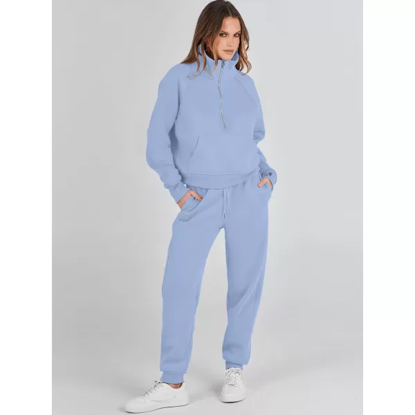 imageANRABESS Womens Two Piece Outfits Long Sleeve 2023 Fall Half Zip Sweatshirt with Jogger Pants Lounge Sets with PocketsSky