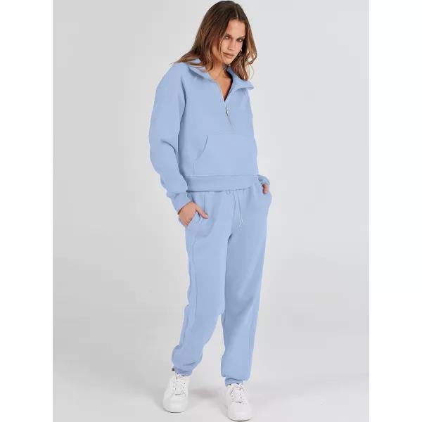 imageANRABESS Womens Two Piece Outfits Long Sleeve 2023 Fall Half Zip Sweatshirt with Jogger Pants Lounge Sets with PocketsSky