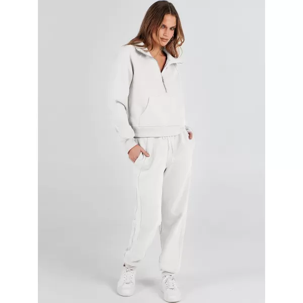 imageANRABESS Womens Two Piece Outfits Long Sleeve 2023 Fall Half Zip Sweatshirt with Jogger Pants Lounge Sets with PocketsWhite