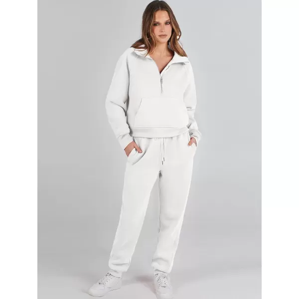 imageANRABESS Womens Two Piece Outfits Long Sleeve 2023 Fall Half Zip Sweatshirt with Jogger Pants Lounge Sets with PocketsWhite