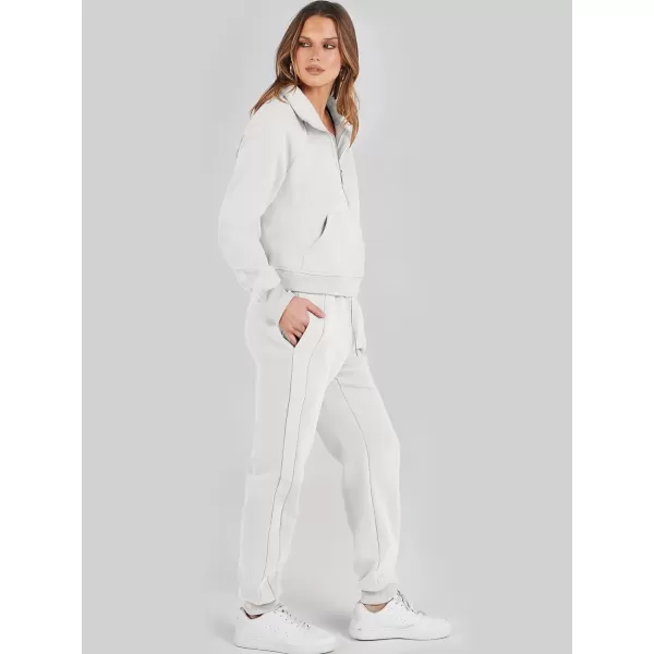 imageANRABESS Womens Two Piece Outfits Long Sleeve 2023 Fall Half Zip Sweatshirt with Jogger Pants Lounge Sets with PocketsWhite