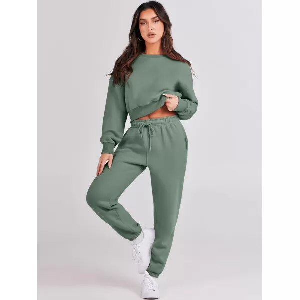 imageANRABESS Womens Two Piece Outfits Long Sleeve Crew Neck Crop Sweatsuit with Jogger Pants Lounge Sets with PocketsArmy Green