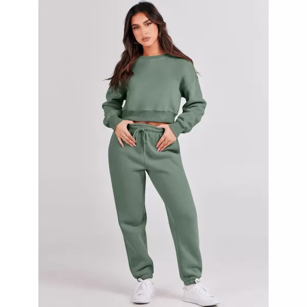 imageANRABESS Womens Two Piece Outfits Long Sleeve Crew Neck Crop Sweatsuit with Jogger Pants Lounge Sets with PocketsArmy Green