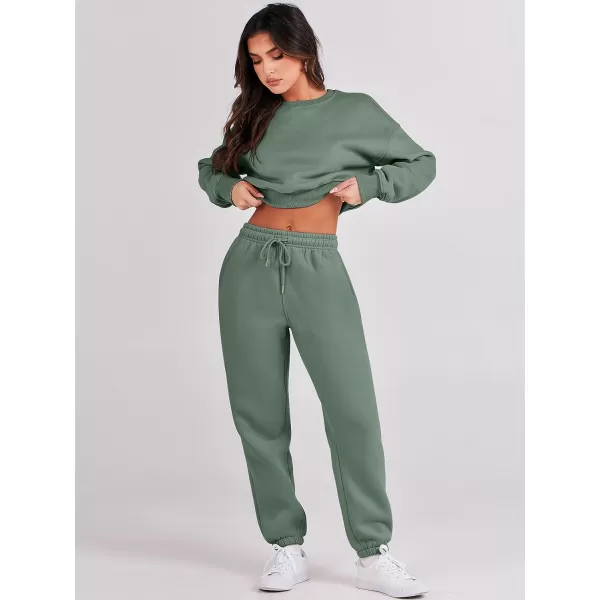 imageANRABESS Womens Two Piece Outfits Long Sleeve Crew Neck Crop Sweatsuit with Jogger Pants Lounge Sets with PocketsArmy Green