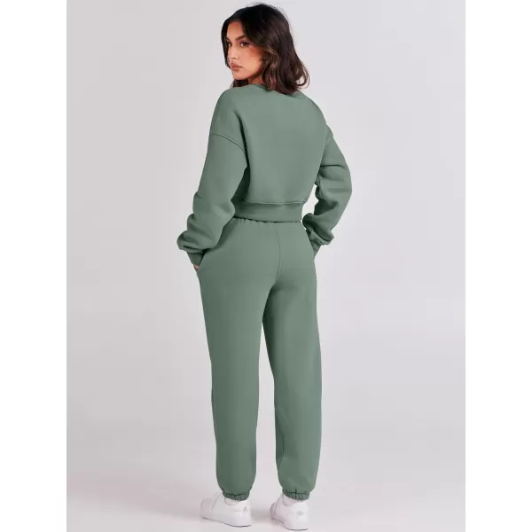 imageANRABESS Womens Two Piece Outfits Long Sleeve Crew Neck Crop Sweatsuit with Jogger Pants Lounge Sets with PocketsArmy Green