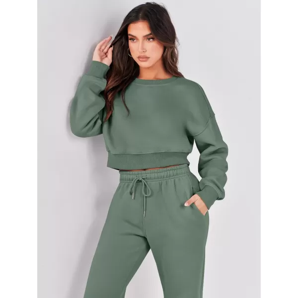 imageANRABESS Womens Two Piece Outfits Long Sleeve Crew Neck Crop Sweatsuit with Jogger Pants Lounge Sets with PocketsArmy Green