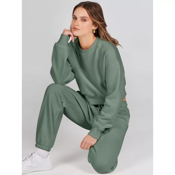 imageANRABESS Womens Two Piece Outfits Long Sleeve Crew Neck Crop Sweatsuit with Jogger Pants Lounge Sets with PocketsArmy Green