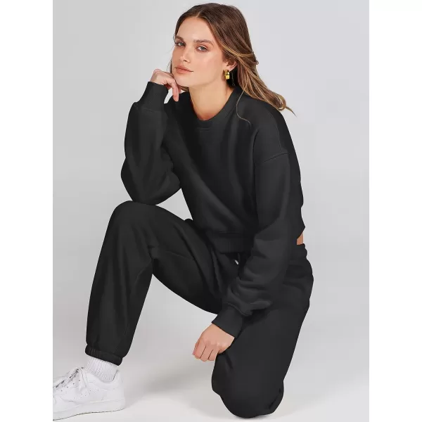 imageANRABESS Womens Two Piece Outfits Long Sleeve Crew Neck Crop Sweatsuit with Jogger Pants Lounge Sets with PocketsBlack