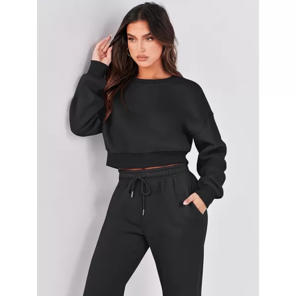 imageANRABESS Womens Two Piece Outfits Long Sleeve Crew Neck Crop Sweatsuit with Jogger Pants Lounge Sets with PocketsBlack