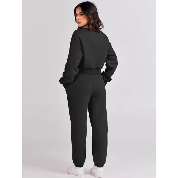 imageANRABESS Womens Two Piece Outfits Long Sleeve Crew Neck Crop Sweatsuit with Jogger Pants Lounge Sets with PocketsBlack