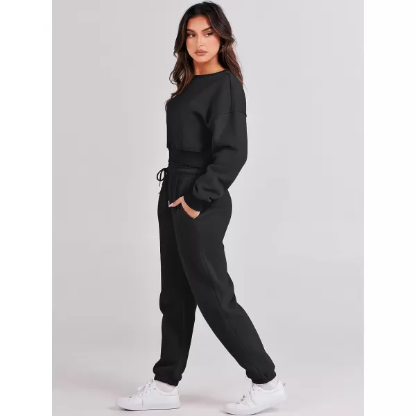 imageANRABESS Womens Two Piece Outfits Long Sleeve Crew Neck Crop Sweatsuit with Jogger Pants Lounge Sets with PocketsBlack