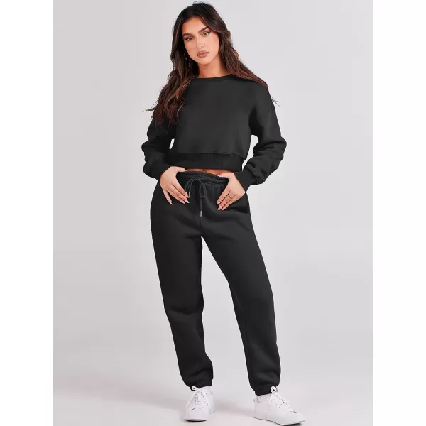 imageANRABESS Womens Two Piece Outfits Long Sleeve Crew Neck Crop Sweatsuit with Jogger Pants Lounge Sets with PocketsBlack