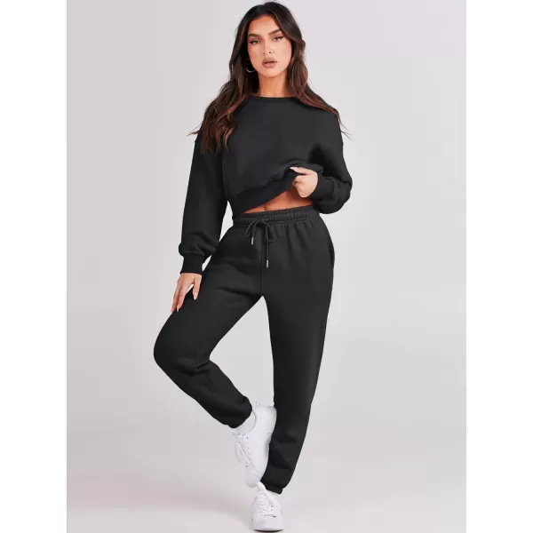 imageANRABESS Womens Two Piece Outfits Long Sleeve Crew Neck Crop Sweatsuit with Jogger Pants Lounge Sets with PocketsBlack