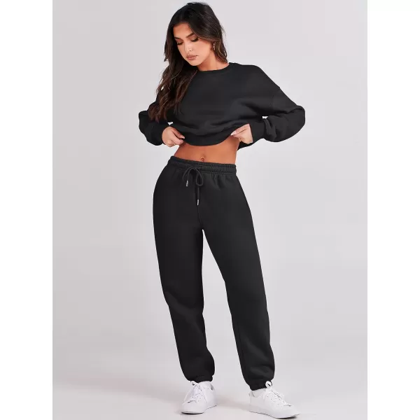 imageANRABESS Womens Two Piece Outfits Long Sleeve Crew Neck Crop Sweatsuit with Jogger Pants Lounge Sets with PocketsBlack