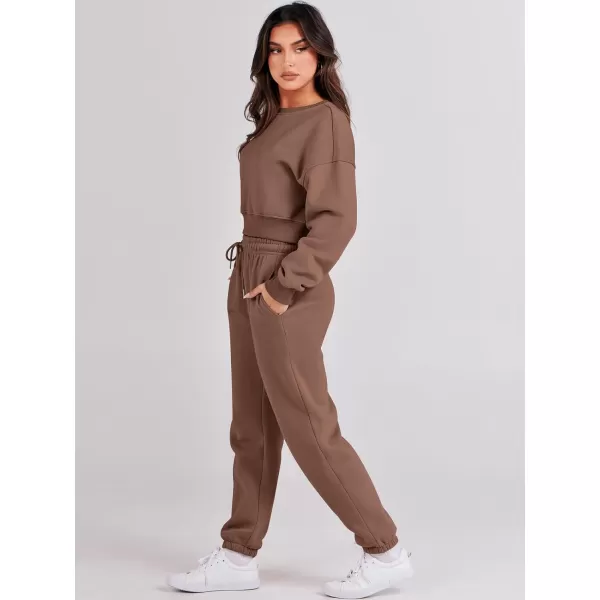 imageANRABESS Womens Two Piece Outfits Long Sleeve Crew Neck Crop Sweatsuit with Jogger Pants Lounge Sets with PocketsCoffee