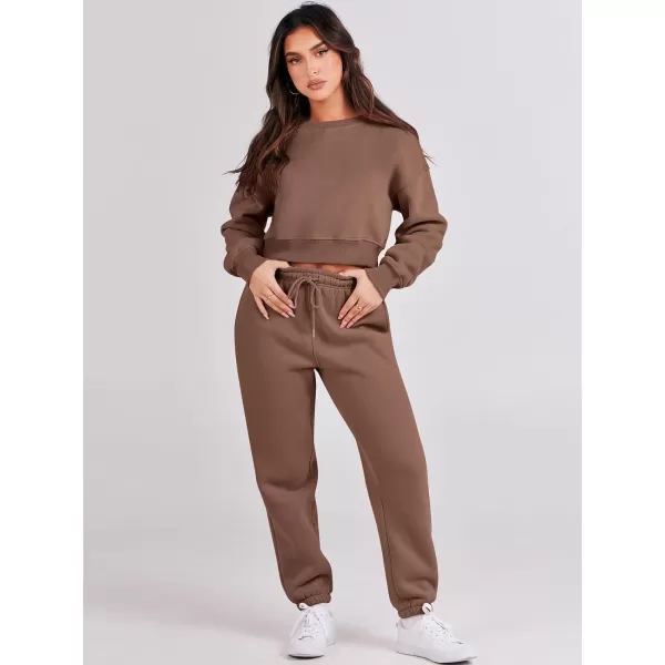 imageANRABESS Womens Two Piece Outfits Long Sleeve Crew Neck Crop Sweatsuit with Jogger Pants Lounge Sets with PocketsCoffee