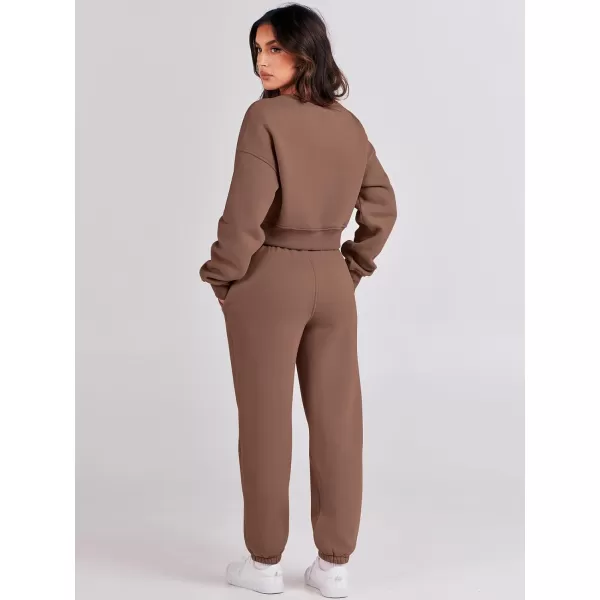 imageANRABESS Womens Two Piece Outfits Long Sleeve Crew Neck Crop Sweatsuit with Jogger Pants Lounge Sets with PocketsCoffee