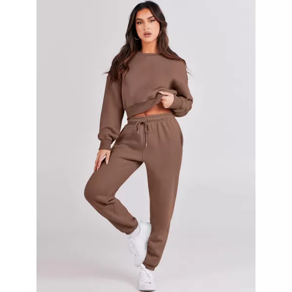 imageANRABESS Womens Two Piece Outfits Long Sleeve Crew Neck Crop Sweatsuit with Jogger Pants Lounge Sets with PocketsCoffee