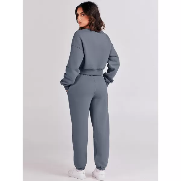 imageANRABESS Womens Two Piece Outfits Long Sleeve Crew Neck Crop Sweatsuit with Jogger Pants Lounge Sets with PocketsDark Grey