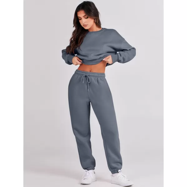 imageANRABESS Womens Two Piece Outfits Long Sleeve Crew Neck Crop Sweatsuit with Jogger Pants Lounge Sets with PocketsDark Grey