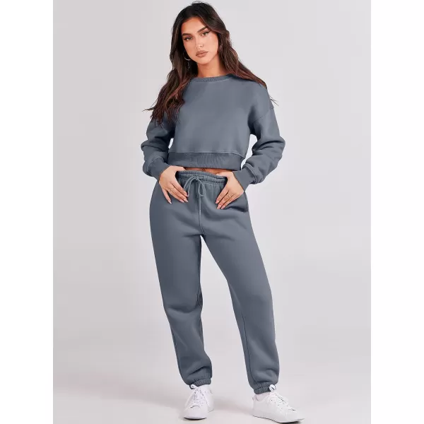 imageANRABESS Womens Two Piece Outfits Long Sleeve Crew Neck Crop Sweatsuit with Jogger Pants Lounge Sets with PocketsDark Grey