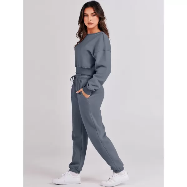 imageANRABESS Womens Two Piece Outfits Long Sleeve Crew Neck Crop Sweatsuit with Jogger Pants Lounge Sets with PocketsDark Grey