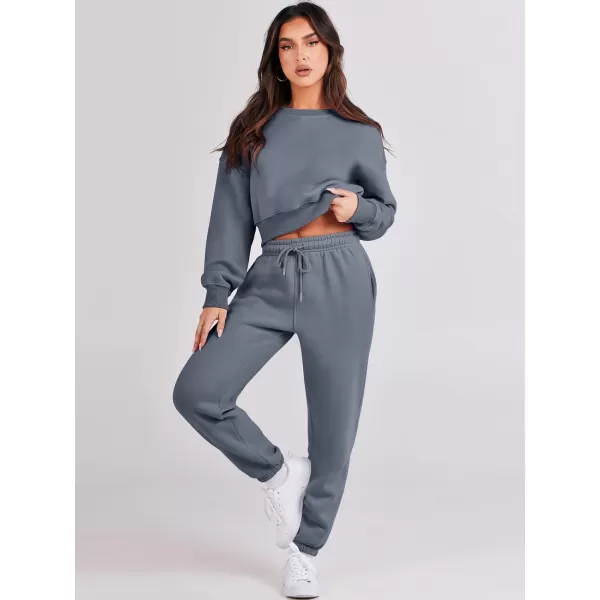 imageANRABESS Womens Two Piece Outfits Long Sleeve Crew Neck Crop Sweatsuit with Jogger Pants Lounge Sets with PocketsDark Grey