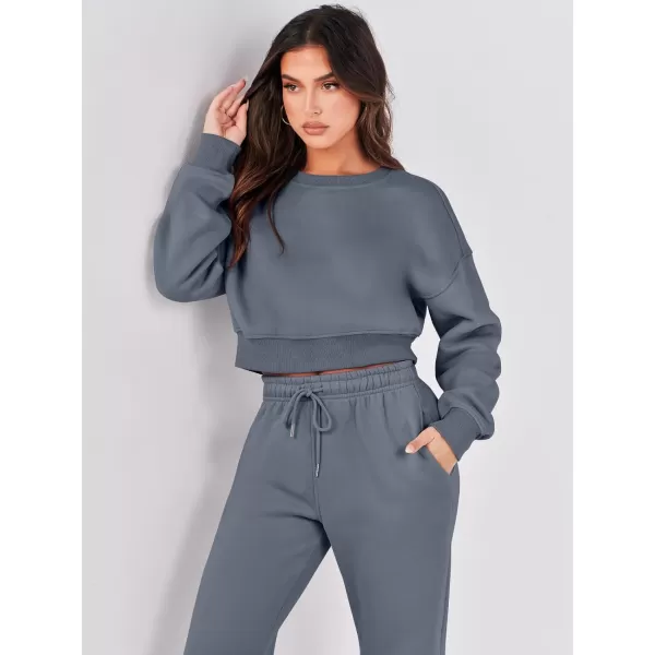imageANRABESS Womens Two Piece Outfits Long Sleeve Crew Neck Crop Sweatsuit with Jogger Pants Lounge Sets with PocketsDark Grey