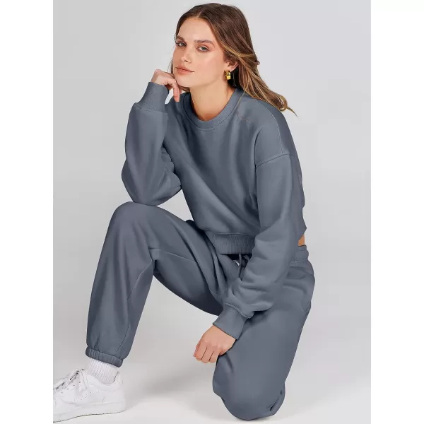 imageANRABESS Womens Two Piece Outfits Long Sleeve Crew Neck Crop Sweatsuit with Jogger Pants Lounge Sets with PocketsDark Grey