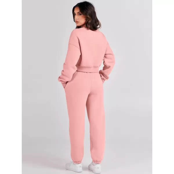 imageANRABESS Womens Two Piece Outfits Long Sleeve Crew Neck Crop Sweatsuit with Jogger Pants Lounge Sets with PocketsDark Pink