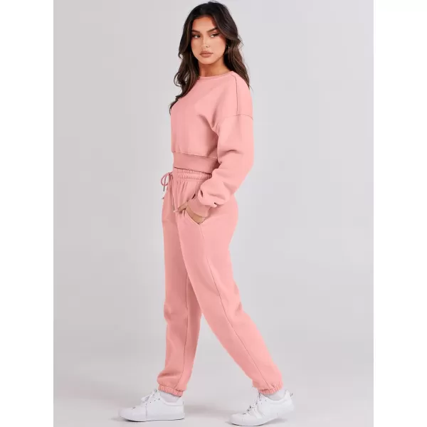 imageANRABESS Womens Two Piece Outfits Long Sleeve Crew Neck Crop Sweatsuit with Jogger Pants Lounge Sets with PocketsDark Pink