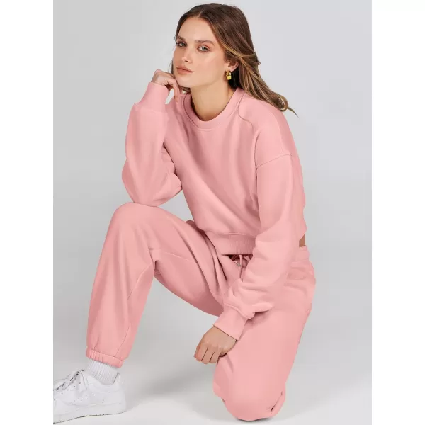 imageANRABESS Womens Two Piece Outfits Long Sleeve Crew Neck Crop Sweatsuit with Jogger Pants Lounge Sets with PocketsDark Pink