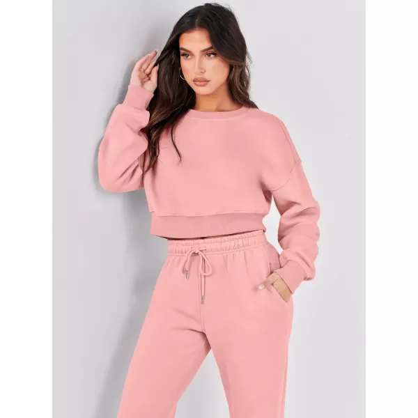 imageANRABESS Womens Two Piece Outfits Long Sleeve Crew Neck Crop Sweatsuit with Jogger Pants Lounge Sets with PocketsDark Pink