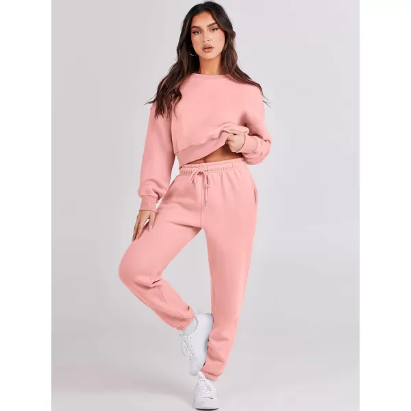 imageANRABESS Womens Two Piece Outfits Long Sleeve Crew Neck Crop Sweatsuit with Jogger Pants Lounge Sets with PocketsDark Pink