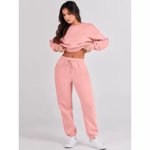 imageANRABESS Womens Two Piece Outfits Long Sleeve Crew Neck Crop Sweatsuit with Jogger Pants Lounge Sets with PocketsDark Pink