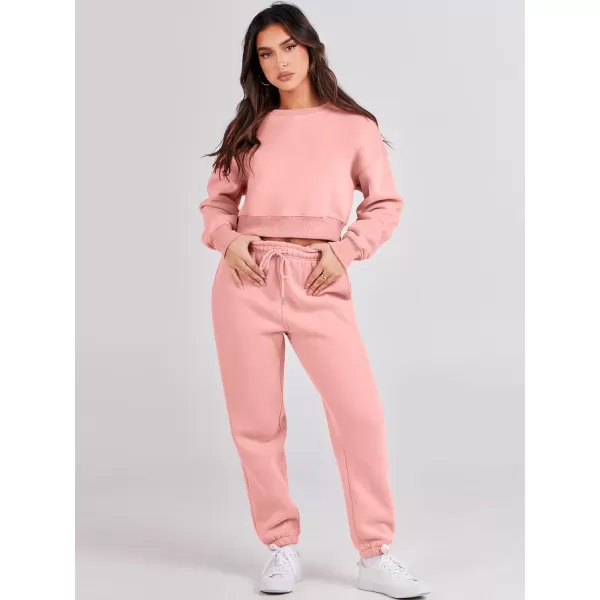 imageANRABESS Womens Two Piece Outfits Long Sleeve Crew Neck Crop Sweatsuit with Jogger Pants Lounge Sets with PocketsDark Pink