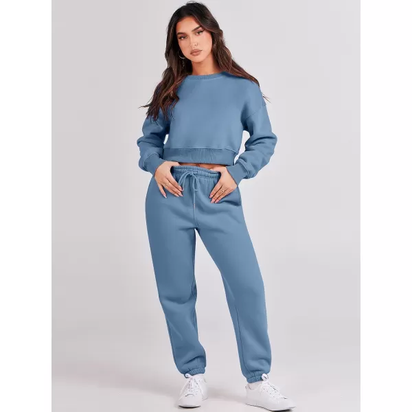 imageANRABESS Womens Two Piece Outfits Long Sleeve Crew Neck Crop Sweatsuit with Jogger Pants Lounge Sets with PocketsDeep Blue
