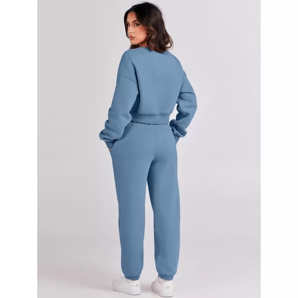 imageANRABESS Womens Two Piece Outfits Long Sleeve Crew Neck Crop Sweatsuit with Jogger Pants Lounge Sets with PocketsDeep Blue