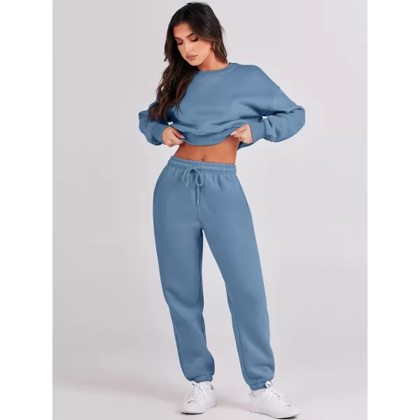 imageANRABESS Womens Two Piece Outfits Long Sleeve Crew Neck Crop Sweatsuit with Jogger Pants Lounge Sets with PocketsDeep Blue