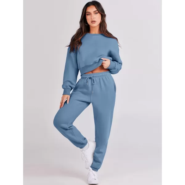 imageANRABESS Womens Two Piece Outfits Long Sleeve Crew Neck Crop Sweatsuit with Jogger Pants Lounge Sets with PocketsDeep Blue