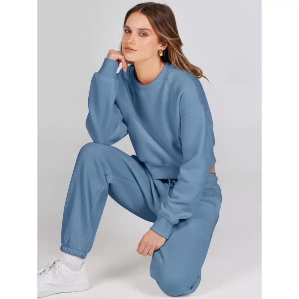 imageANRABESS Womens Two Piece Outfits Long Sleeve Crew Neck Crop Sweatsuit with Jogger Pants Lounge Sets with PocketsDeep Blue