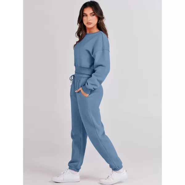imageANRABESS Womens Two Piece Outfits Long Sleeve Crew Neck Crop Sweatsuit with Jogger Pants Lounge Sets with PocketsDeep Blue