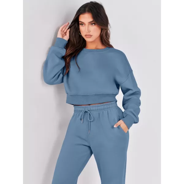 imageANRABESS Womens Two Piece Outfits Long Sleeve Crew Neck Crop Sweatsuit with Jogger Pants Lounge Sets with PocketsDeep Blue