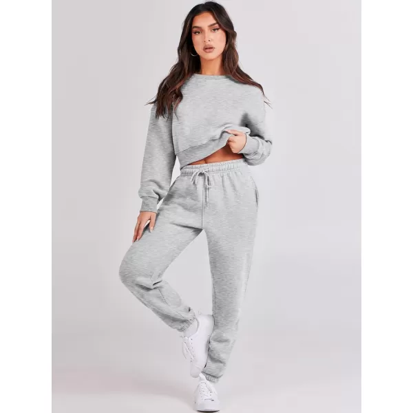 imageANRABESS Womens Two Piece Outfits Long Sleeve Crew Neck Crop Sweatsuit with Jogger Pants Lounge Sets with PocketsGrey