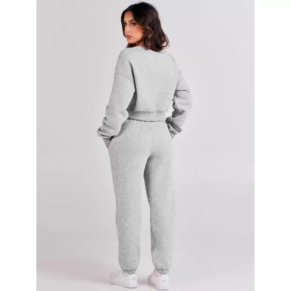 imageANRABESS Womens Two Piece Outfits Long Sleeve Crew Neck Crop Sweatsuit with Jogger Pants Lounge Sets with PocketsGrey