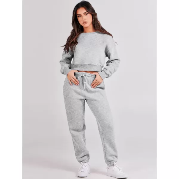 imageANRABESS Womens Two Piece Outfits Long Sleeve Crew Neck Crop Sweatsuit with Jogger Pants Lounge Sets with PocketsGrey
