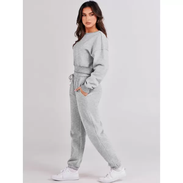 imageANRABESS Womens Two Piece Outfits Long Sleeve Crew Neck Crop Sweatsuit with Jogger Pants Lounge Sets with PocketsGrey