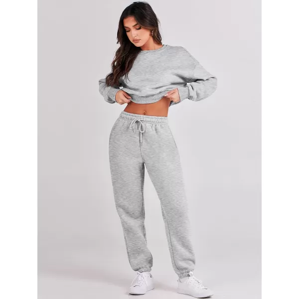 imageANRABESS Womens Two Piece Outfits Long Sleeve Crew Neck Crop Sweatsuit with Jogger Pants Lounge Sets with PocketsGrey
